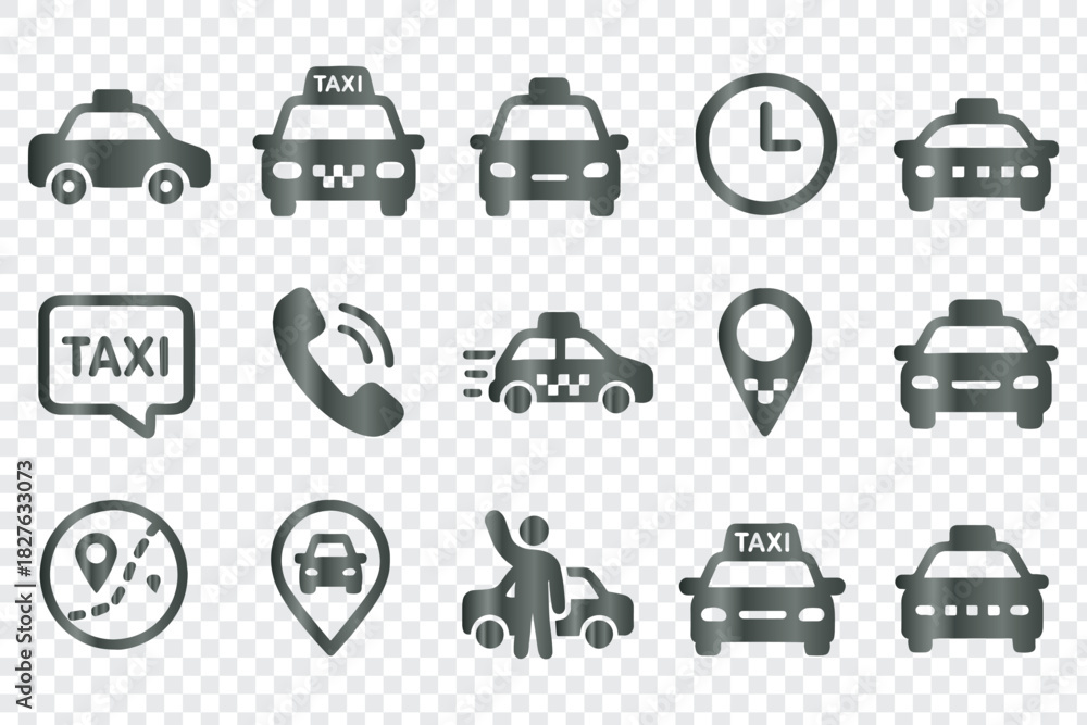 Naklejka premium Taxi and Transportation Services Line Icons Set, Featuring Cars, Location Pins, Routes, and 24/7 Service Symbols