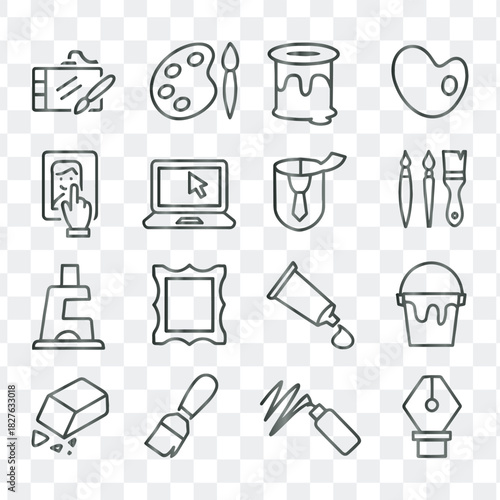 A Comprehensive Set of Minimalist Vector Outline and Silhouette Icons Featuring Art Supplies, Tools, Creativity, and Painting Activities for Design Projects