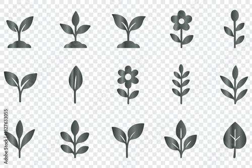 Outline vector icons for gardens, natural plants, flora, and botanical elements