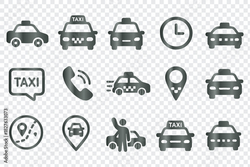 Taxi and Transportation Services Line Icons Set, Featuring Cars, Location Pins, Routes, and 24/7 Service Symbols