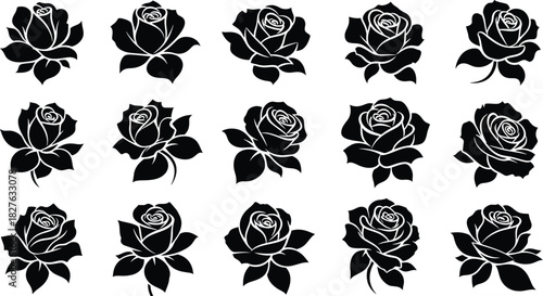 Collection of fifteen black silhouette rose flower icons