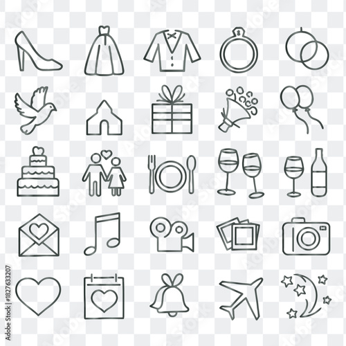 Modern outline vector icons for weddings, marriage events, and celebration planning
