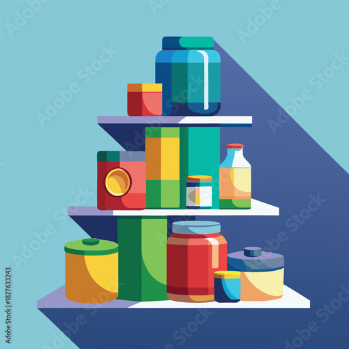 Colorful Product Packaging on Shelves Vector – Flat Design Jars and Bottles for Pantry, Pharmacy, or Cosmetic Storage"