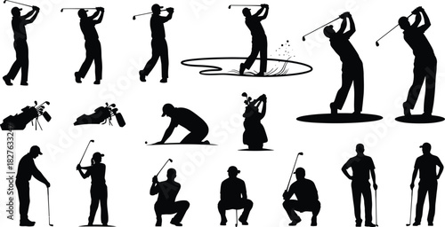 Collection of black silhouette icons depicting various golf swing poses, stance, and equipment