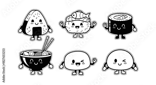 Cute Kawaii Sushi Characters Set Onigiri Mochi Ramen Bowl.
