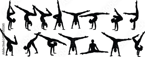 Silhouette of gymnasts performing handstands and splits on white background