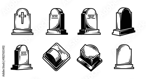 Collection of Vintage Tombstones and Gravestones in a Cemetery S