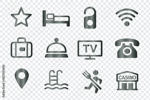Modern vector icons for hotel services, hospitality amenities, travel, and entertainment