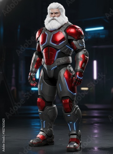 Full Cyber Santa Suit, a form-fitting, red and silver exosuit with blue accents, which covers his entire body except for his face. 