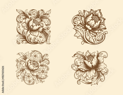 floral carving ornament illustration design template