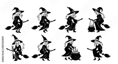 Set of eight black and white witch illustrations in various pose