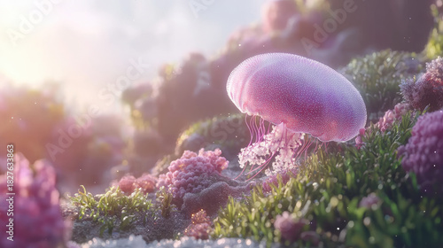 Bioluminescent Jellyfish and Coral Reef in Soft Sunlight Creating a Magical Underwater Scene with Pink and Purple Hues and Gentle Light Rays