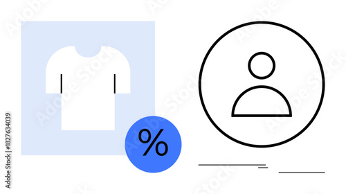 T-shirt icon with percentage badge near a user avatar in a minimalistic design. Ideal for e-commerce, shopping, loyalty, user accounts, retail discounts, marketing, customer engagement. Simple flat