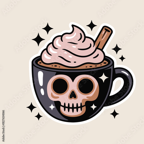 Spooky Skull Mug with Whipped Cream and Cinnamon Stick