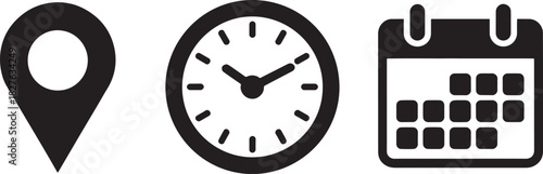 Location clock and calendar icons on white background marker