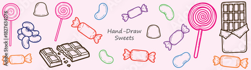 Colorful Candy Drawing Lollipops Chocolate Bars Jelly Beans and Wrapped Sweets Illustration for Confectionery Design and