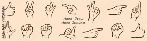 Vector Hand Gestures Collection Thumbs Up Peace OK Pointing Fingers Fist Illustration Set Graphic Design Elements