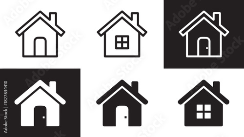 Collection of six house icons in various styles and color contrasts home building