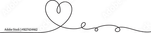 Continuous black line drawing of a heart shape with a trailing swirl on white love line art