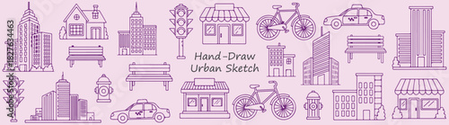 Charming Urban Doodles Hand Drawn Cityscape Sketch with Buildings Bicycles Taxis Parks for Creative Projects City