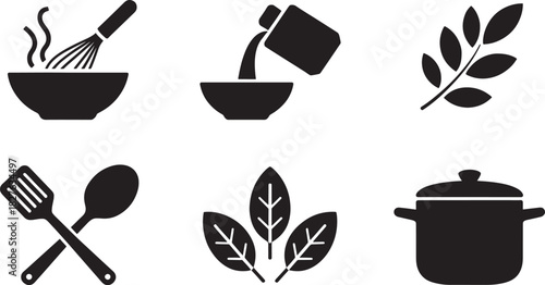 Cooking Utensils and Ingredients Icons Set on White Background kitchen whisk