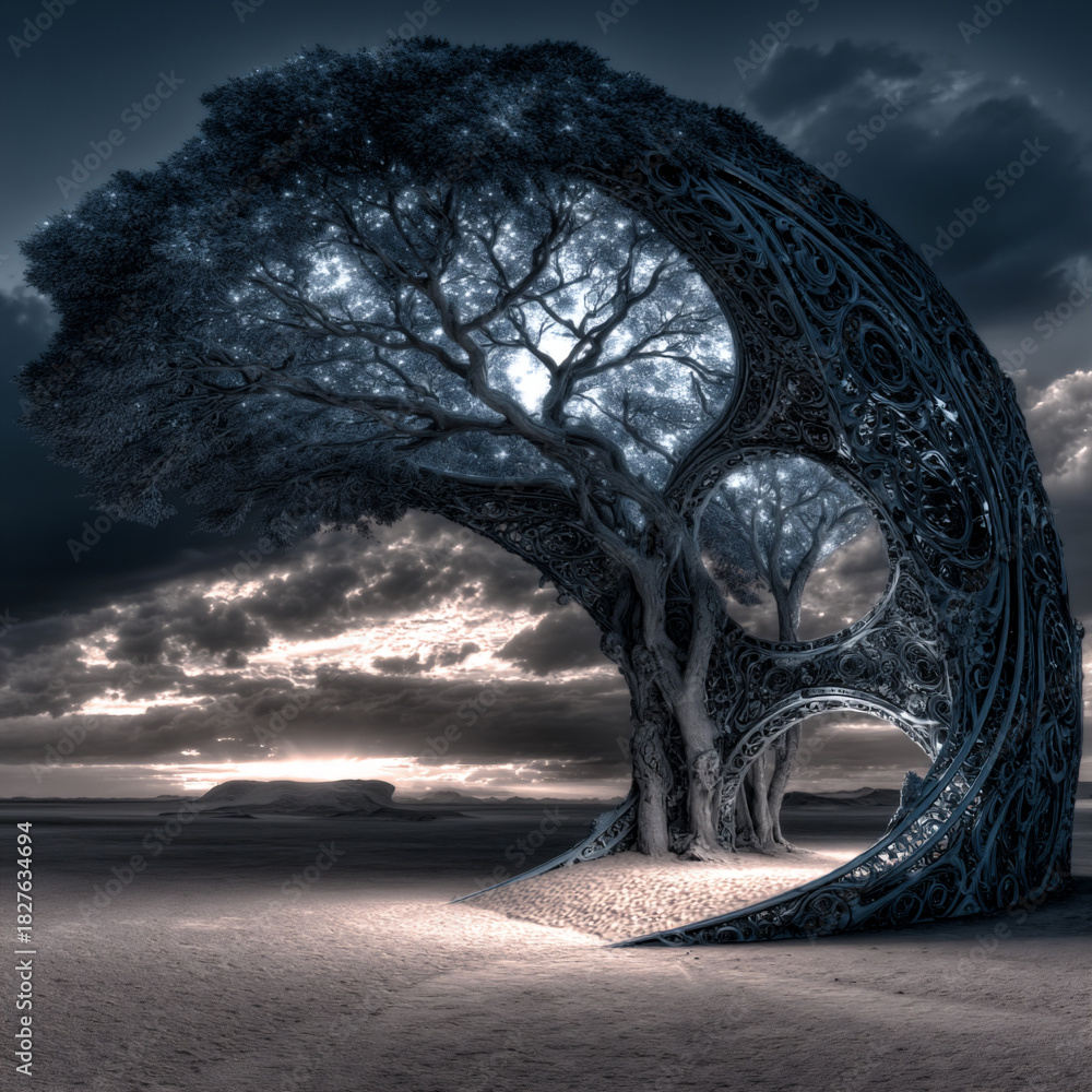 Fototapeta premium ancient yggdrasil tree of life in norse mythology, mythical world tree yggdrasil with cosmic branches, norse legend yggdrasil connecting earth and heavens