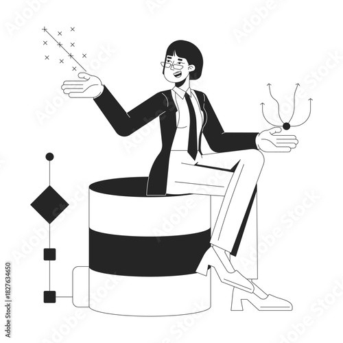 Trends of big data set line illustration concept. Dataset analytics. Asian female statistician presenting scatter plot on database outline 2D character isolated. Ink linear metaphor vector art