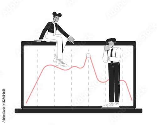 Peak of trend in data visualization line illustration concept. Performance metrics. Statisticians analyzing line graph on laptop outline 2D characters isolated. Ink linear metaphor vector art