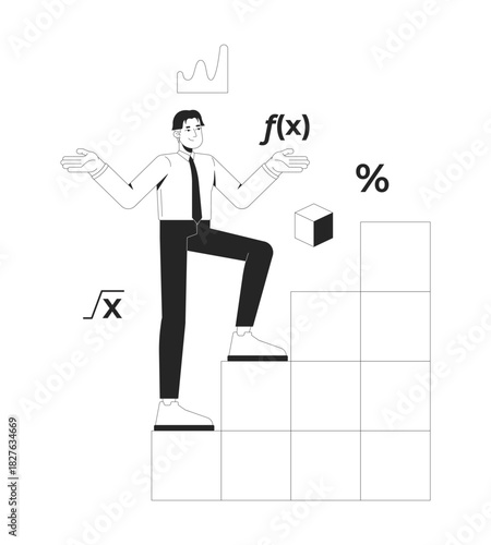 Mathematics line illustration concept. Analytics in data science. Asian math teacher climbing ladder of mathematical knowledge outline 2D character isolated. Ink linear metaphor vector art