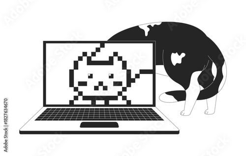 Digitalization line illustration concept. Digital transformation technology. Cat behind laptop with pixelated feline face on display outline 2D character isolated. Ink linear metaphor vector art