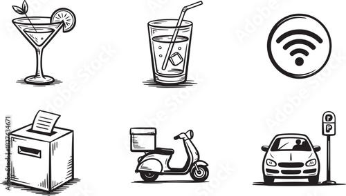 Hand Drawn Icons Cocktail Wi Fi Ballot Box Scooter Car drink martini