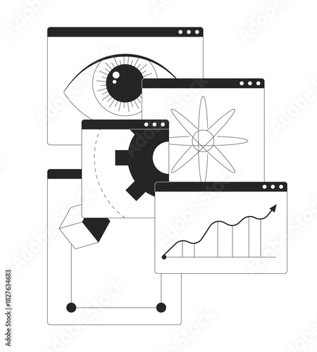 Data science in overlapping browser windows line illustration concept. Trend analysis. Interdisciplinary webpages. Tech analytics outline 2D composition isolated. Ink linear metaphor vector art