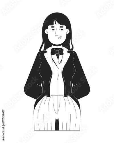 Aristocratic young woman in vintage equestrian clothing 2D line character. 19th century noblewoman horsewoman in bow tie and blazer isolated vector ink outline person. Monochromatic spot illustration
