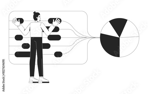 Sorting big data visualization line illustration concept. Categorizing process. Pie chart analysis. Analytics workflow. Statistician outline 2D character isolated. Ink linear metaphor vector art