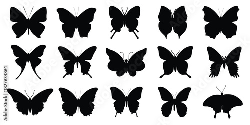 Collection of black butterfly silhouettes in various poses and orientations on white background butterflies.