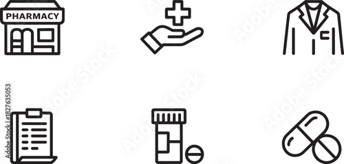 Pharmacy and medical icons including building, hand, coat, clipboard, and pills healthcare symbol