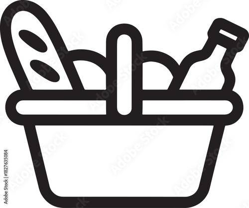 Picnic basket with bread bottle and food outline icon Keywords: picnic basket, food, bread, baguette