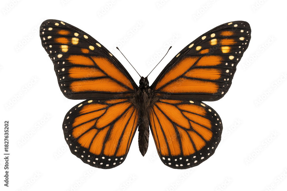 Fototapeta premium Monarch butterfly with spread wings, isolated on transparent background, symbolizing freedom and transformation