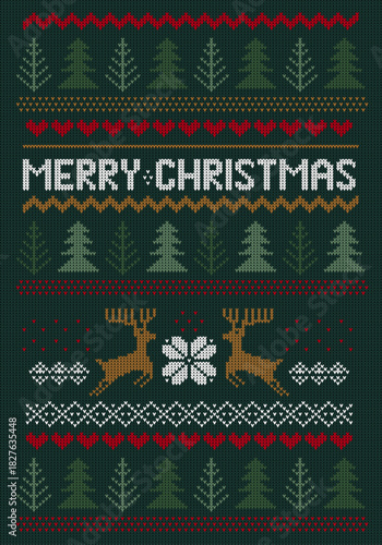 Christmas winter green pattern print. New Year's sweater. Set of holidays element for jersey or t-shirt. Pixel deers, snowflake, hearts, zigzag ornament, christmas trees. Vector illustration.