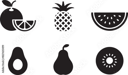 Six black and white fruit icons on a white background orange pineapple