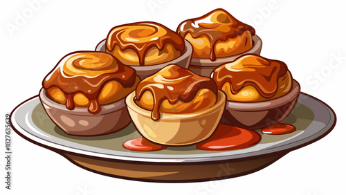 Very beautiful semi-realistic vector illustration of Yorkshire puddings served with brown sauce, showing golden baked puddings with soft interior, rich sauce drizzled over, isolated on a clean white 