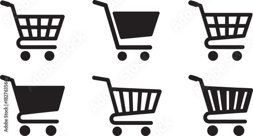 Six Different Black Silhouette Shopping Cart Icons On White Background Keywords: shopping cart