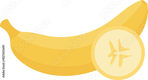 A clean and simple illustration of a whole banana with a sliced piece, highlighting its soft texture and natural color. Ideal for food graphics, nutrition materials, packaging, icons, and healthy life