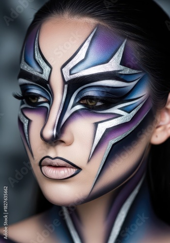 a young woman with light skin and dark hair, wearing intricate, geometric face paint in shades of blue, purple, and white. 