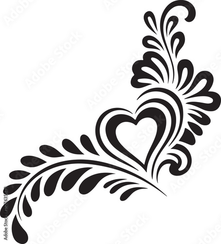 Elegant decorative heart element with floral flourishes in black and white