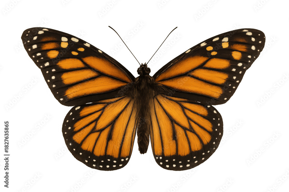 Fototapeta premium Monarch butterfly in flight with open orange and black wings, showcasing intricate patterns on a transparent background