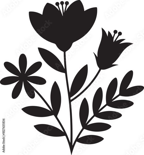 Elegant Floral Arrangement Illustration with Black Silhouettes of Flowers and Leaves