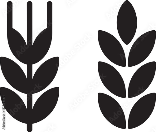 Stylized icons of wheat ears in black on a white background Keywords: wheat, grain, agriculture, food