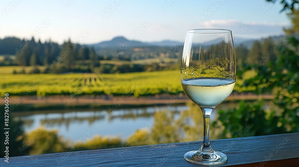 Fototapeta premium Glass of white wine resting on a wooden railing overlooking a scenic vineyard and river landscape at sunset