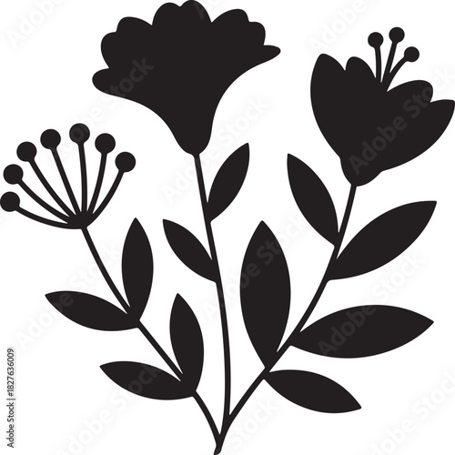 Elegant floral arrangement with stylized flowers and leaves in black silhouette